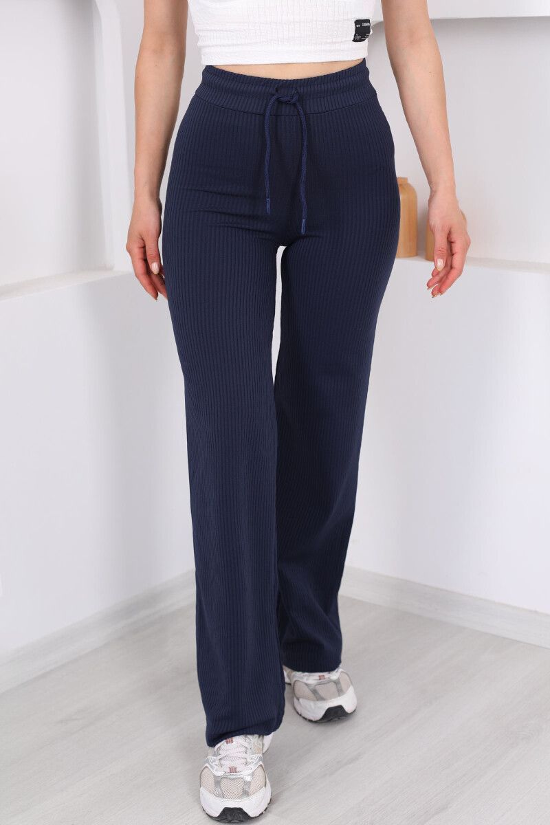 Beli Lastikli Fitilli Boru Paça Lacivert Kadın Pantolon - 2