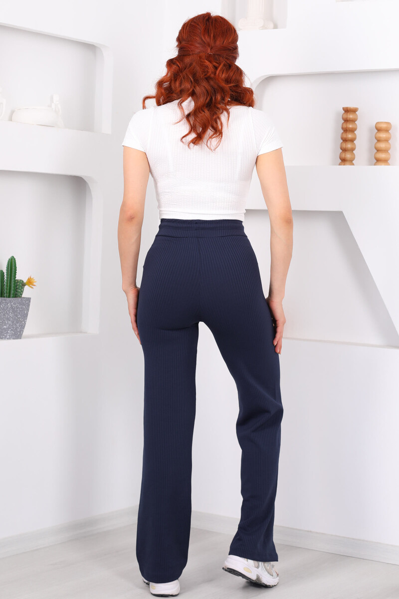 Beli Lastikli Fitilli Boru Paça Lacivert Kadın Pantolon - 4