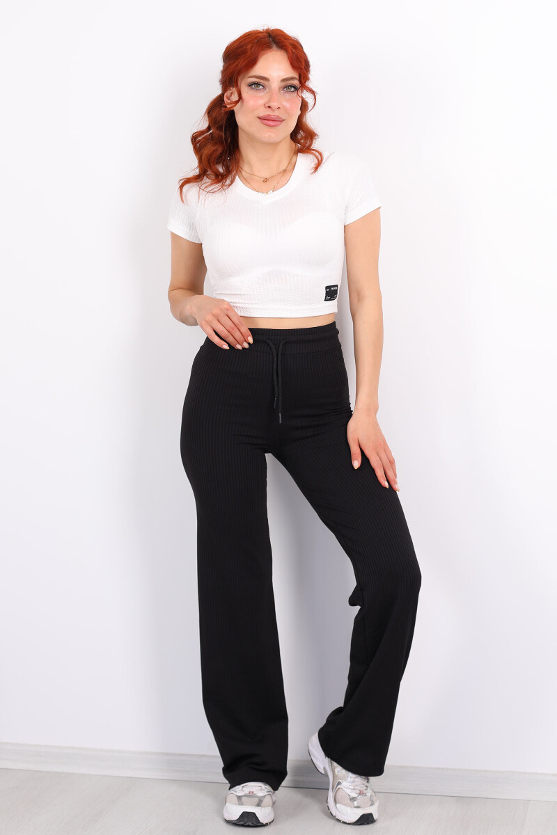 Beli Lastikli Fitilli Boru Paça Siyah Kadın Pantolon - 6