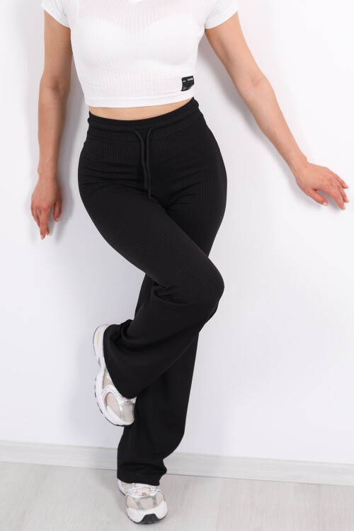 Beli Lastikli Fitilli Boru Paça Siyah Kadın Pantolon - 2