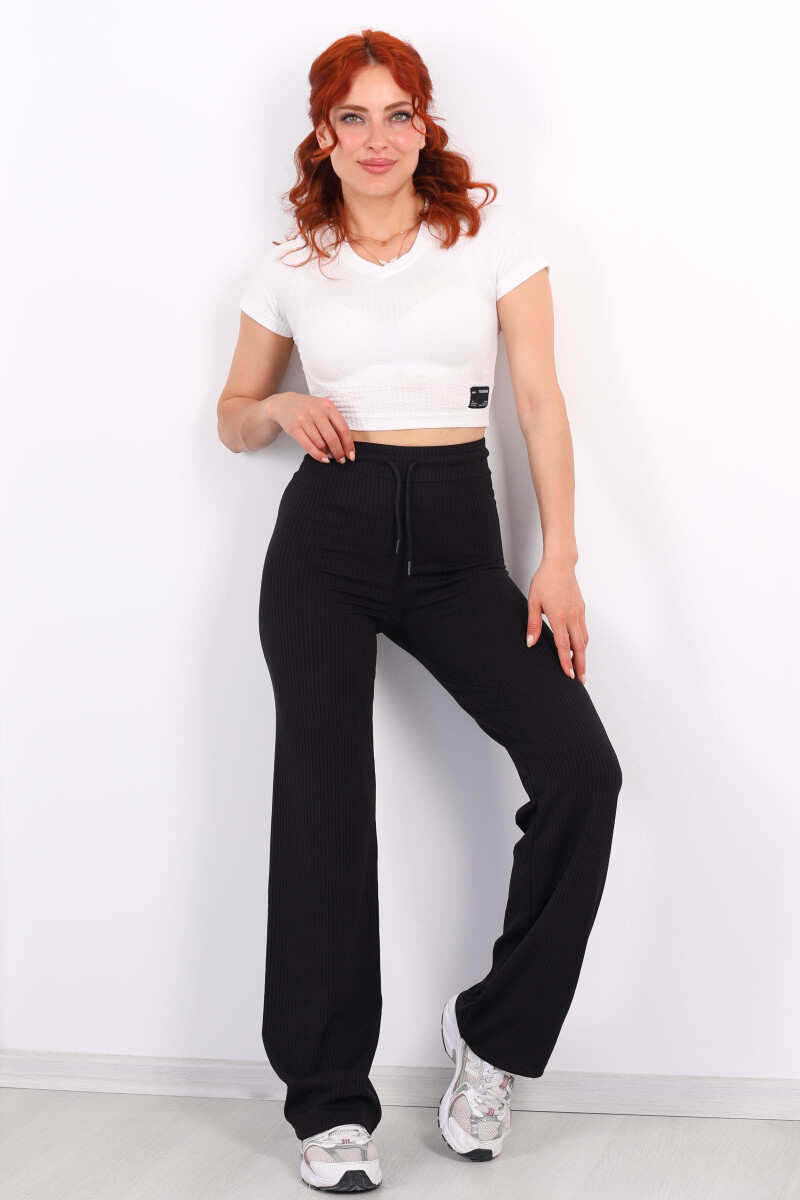 Beli Lastikli Fitilli Boru Paça Siyah Kadın Pantolon - 3