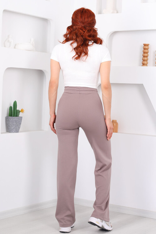 Beli Lastikli Fitilli Boru Paça Vizon Kadın Pantolon - 4