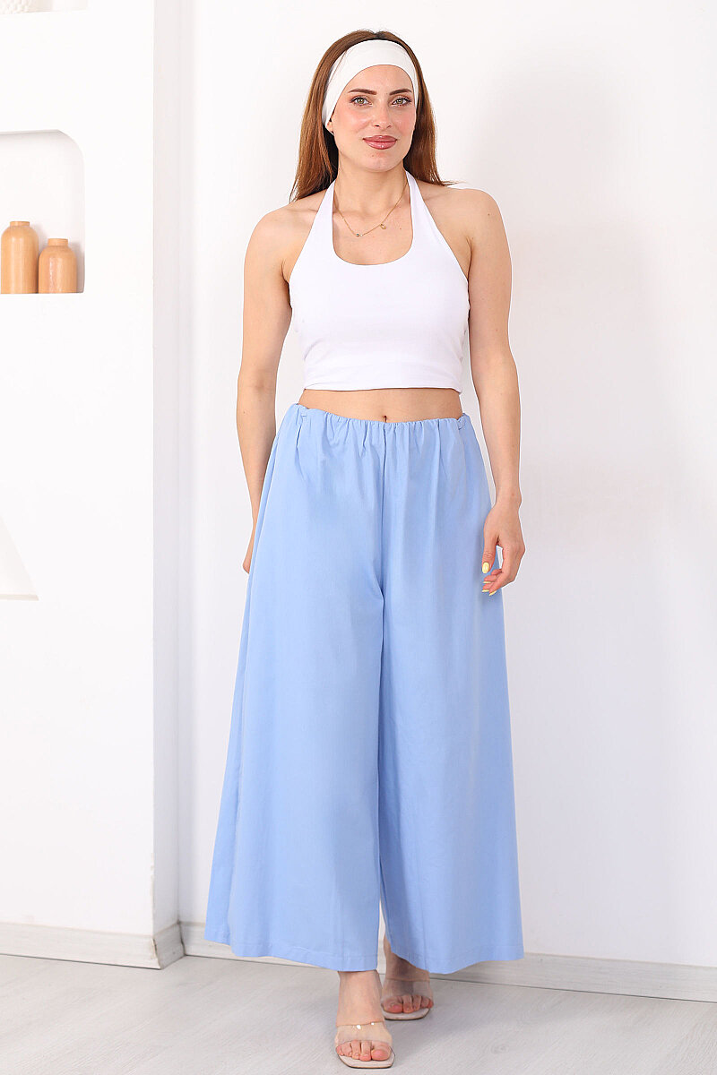 Beli Lastikli Geniş Paça Kadın Bebe Mavi Pantolon - 5
