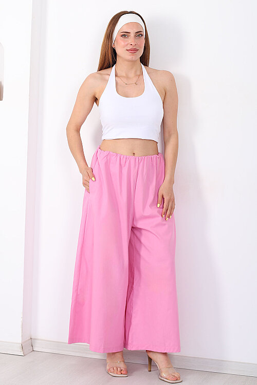 Beli Lastikli Geniş Paça Kadın Pembe Pantolon - 3