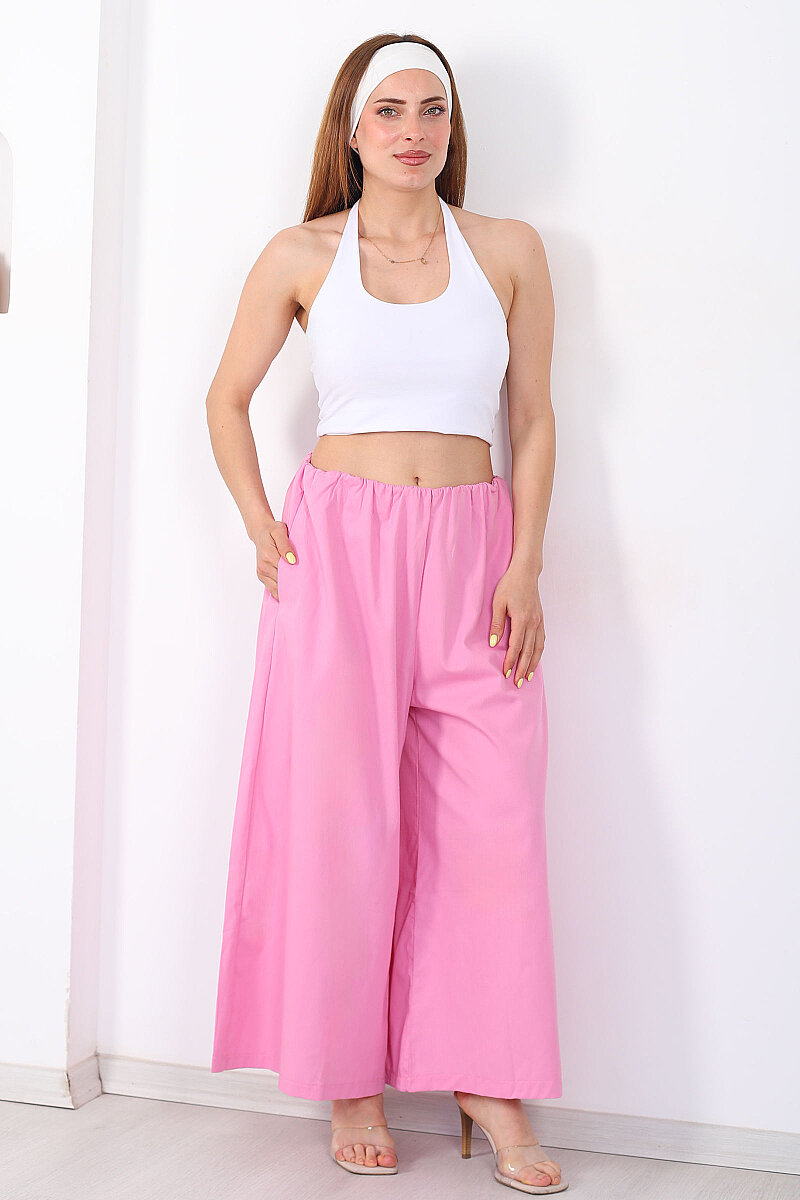 Beli Lastikli Geniş Paça Kadın Pembe Pantolon - 3