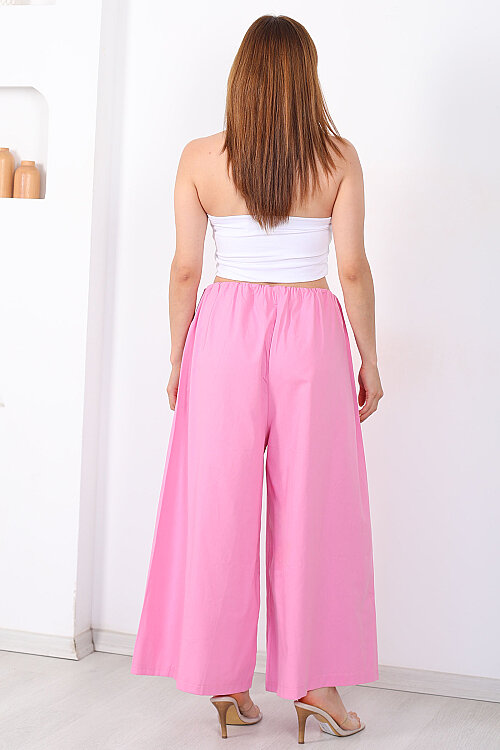 Beli Lastikli Geniş Paça Kadın Pembe Pantolon - 4