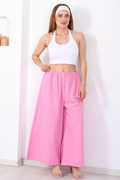 Beli Lastikli Geniş Paça Kadın Pembe Pantolon - Berox