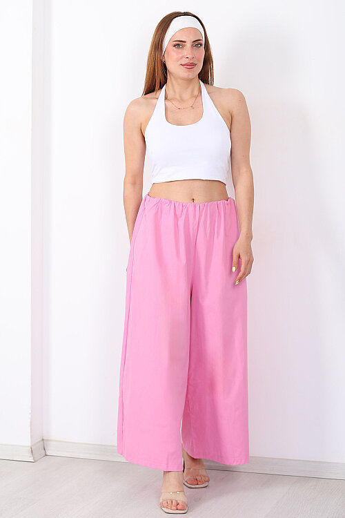 Beli Lastikli Geniş Paça Kadın Pembe Pantolon - 5