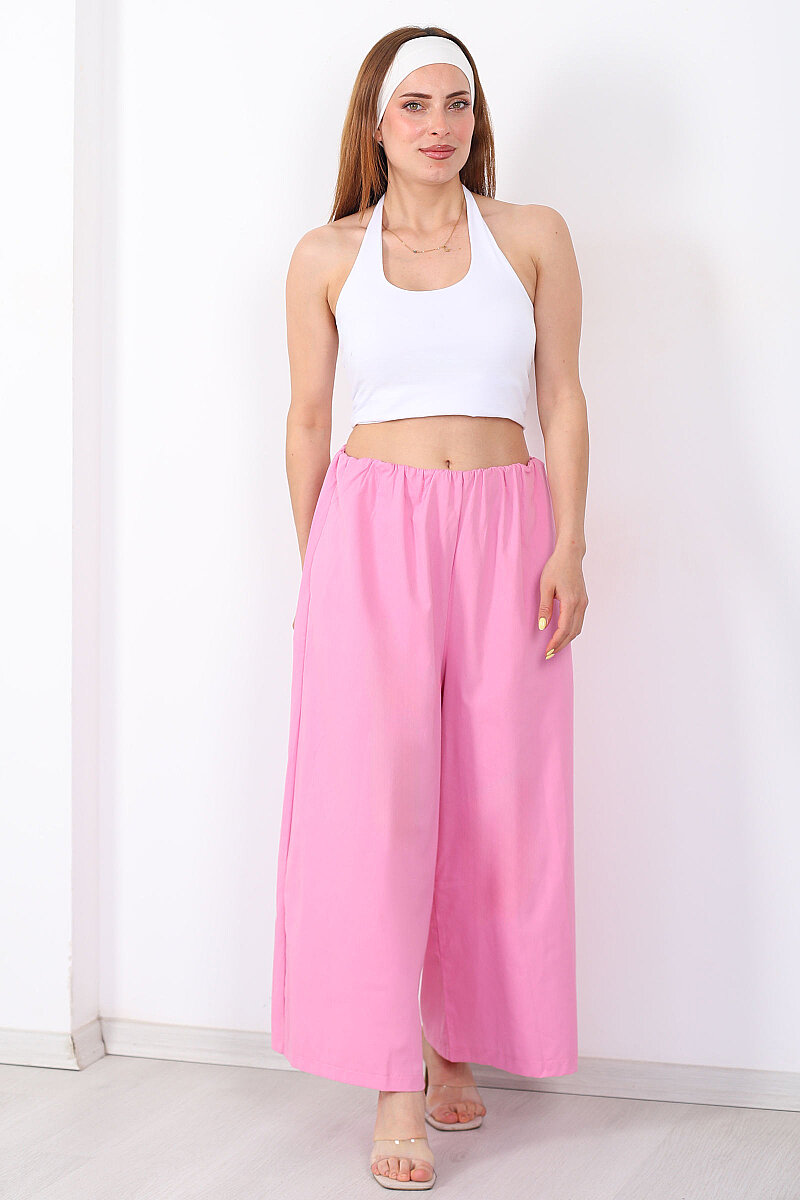 Beli Lastikli Geniş Paça Kadın Pembe Pantolon - 5
