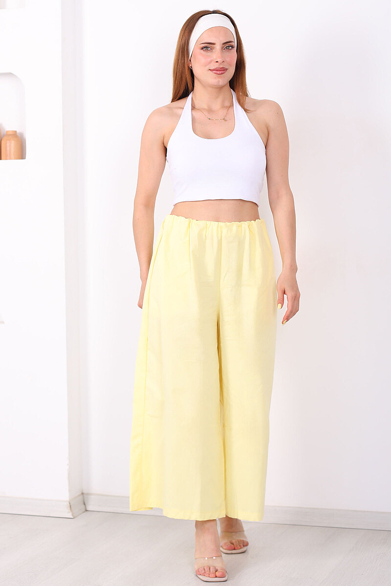Beli Lastikli Geniş Paça Kadın Sarı Pantolon - 1