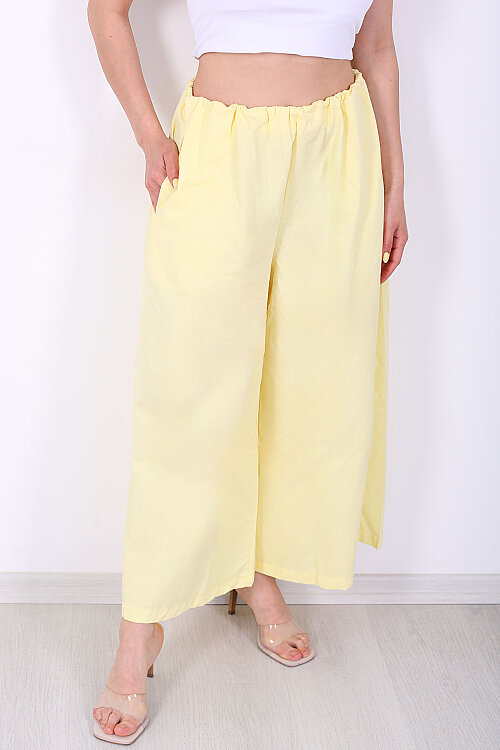 Beli Lastikli Geniş Paça Kadın Sarı Pantolon - 2