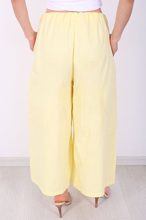 Beli Lastikli Geniş Paça Kadın Sarı Pantolon - 4