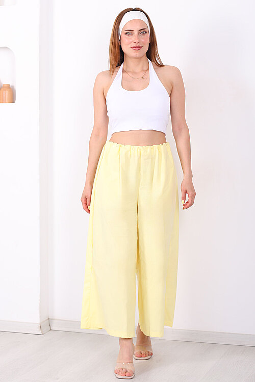 Beli Lastikli Geniş Paça Kadın Sarı Pantolon - 3