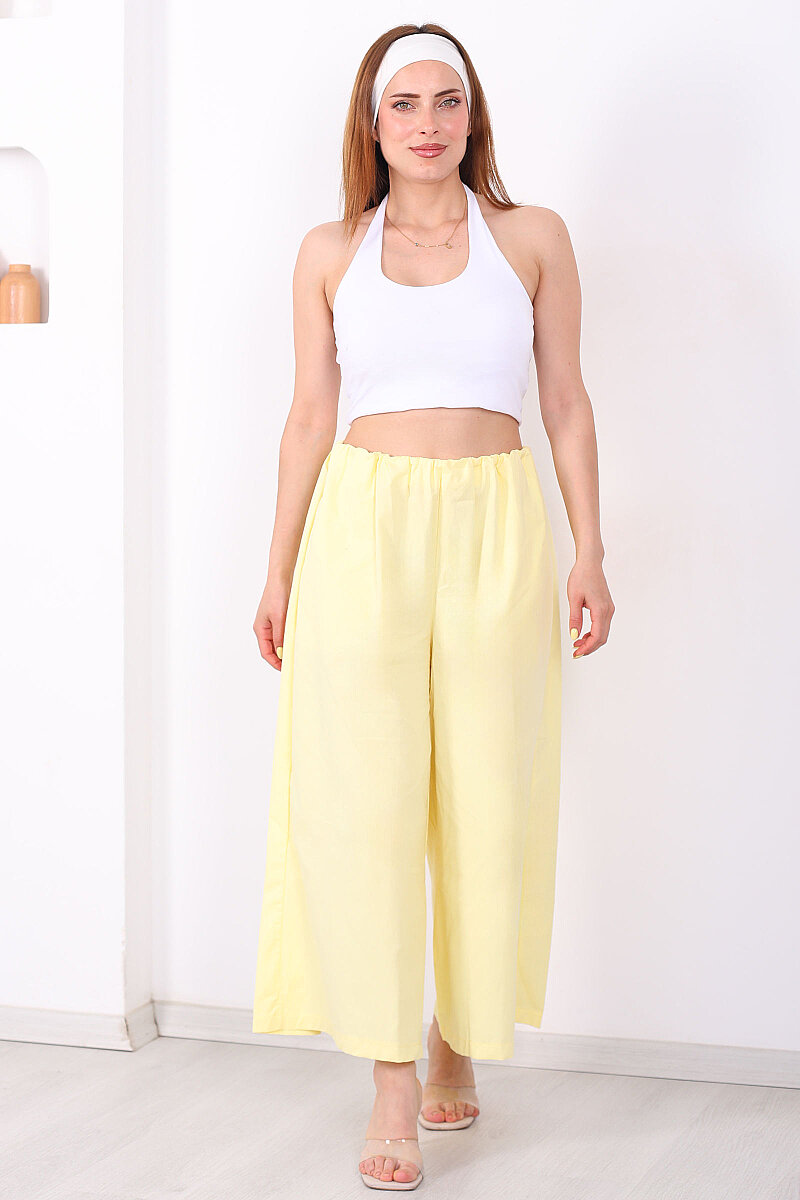Beli Lastikli Geniş Paça Kadın Sarı Pantolon - 3