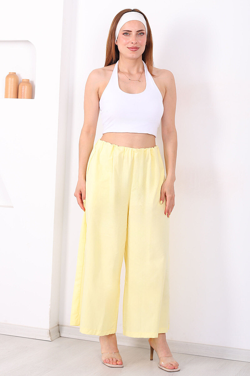 Beli Lastikli Geniş Paça Kadın Sarı Pantolon - 5