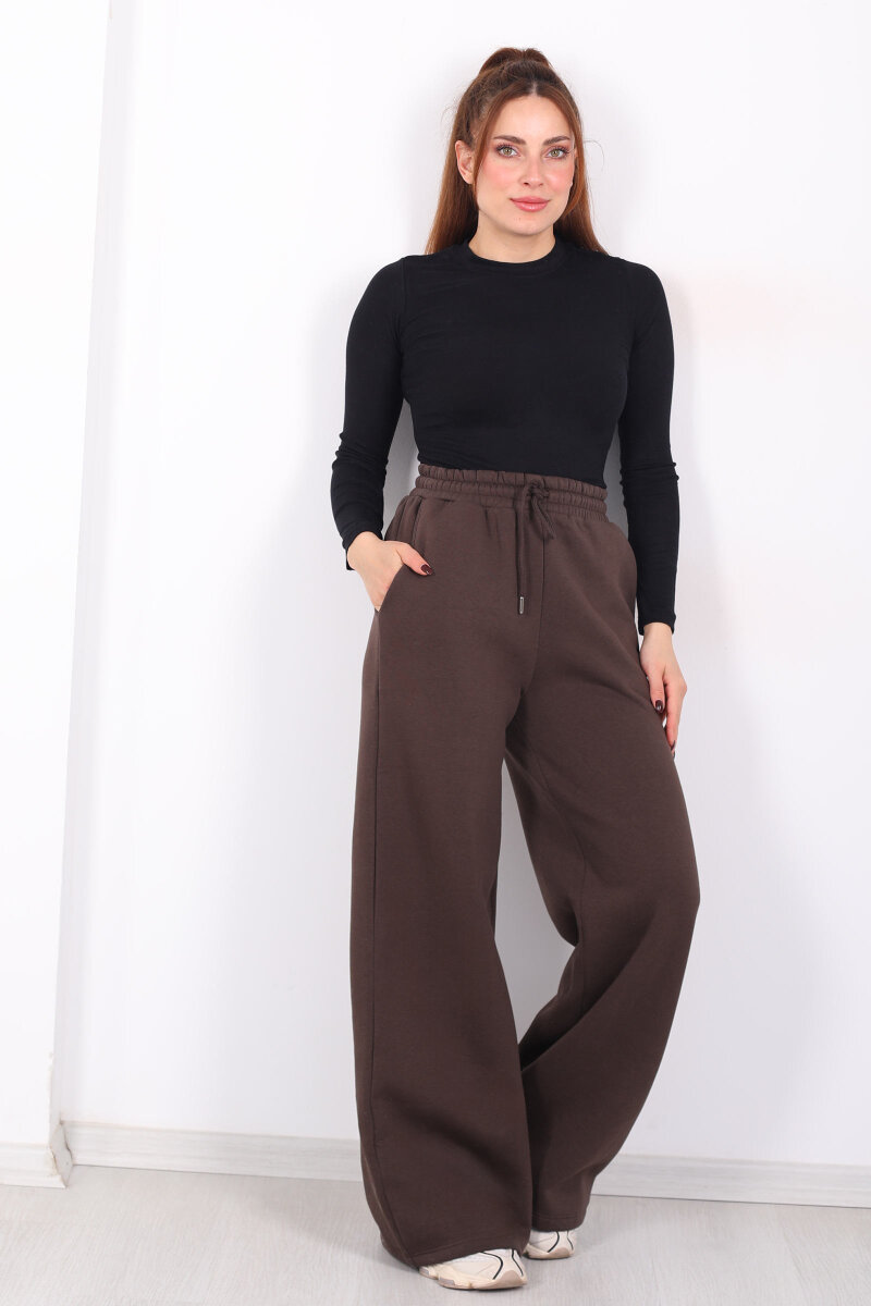 Beli Lastikli Geniş Paça Üç İplik Acı Kahve Kadın Eşofman Altı - 4