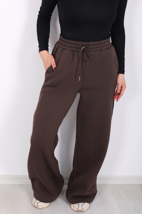 Beli Lastikli Geniş Paça Üç İplik Acı Kahve Kadın Eşofman Altı - 2