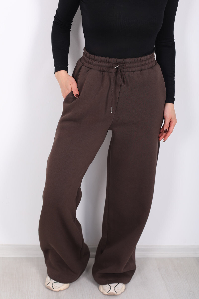 Beli Lastikli Geniş Paça Üç İplik Acı Kahve Kadın Eşofman Altı - 2