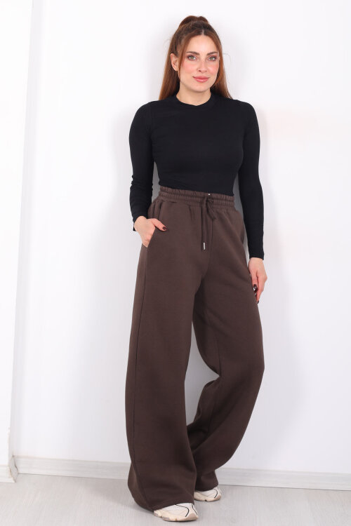 Beli Lastikli Geniş Paça Üç İplik Acı Kahve Kadın Eşofman Altı - 6