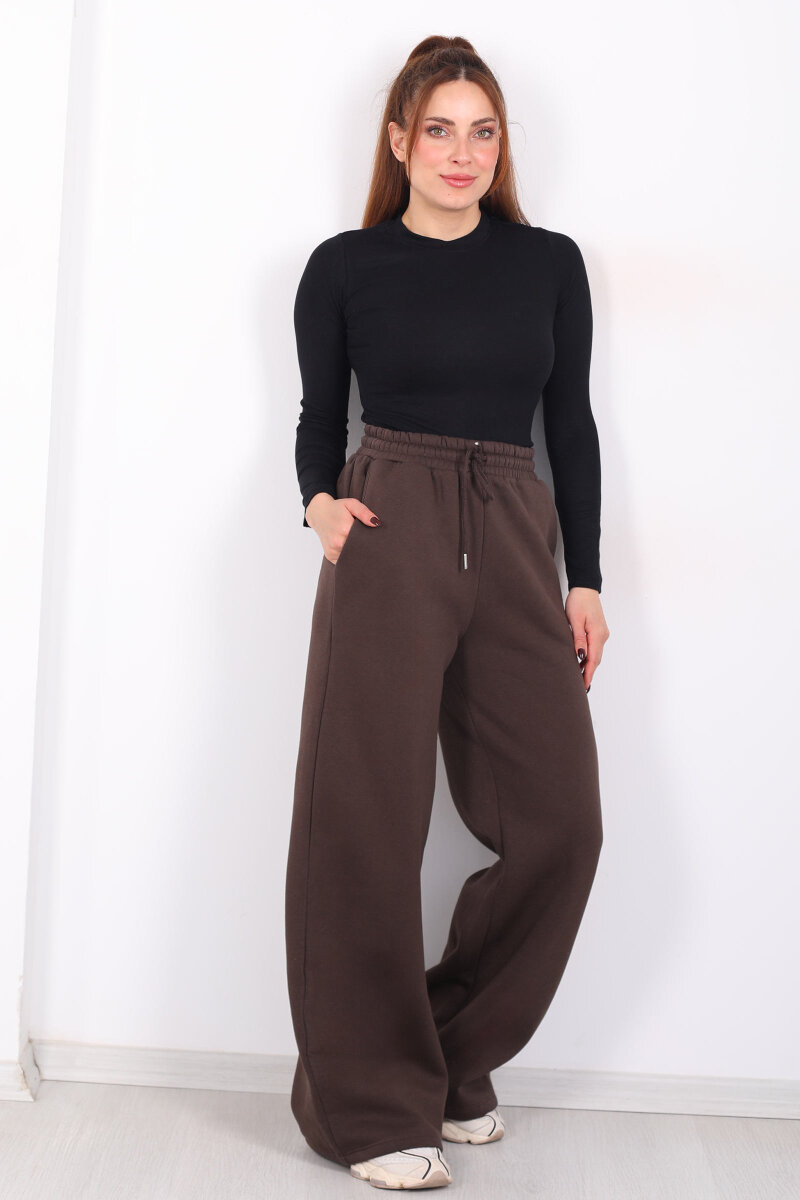 Beli Lastikli Geniş Paça Üç İplik Acı Kahve Kadın Eşofman Altı - 6