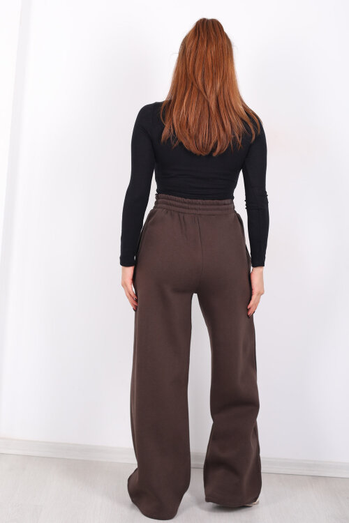 Beli Lastikli Geniş Paça Üç İplik Acı Kahve Kadın Eşofman Altı - 5