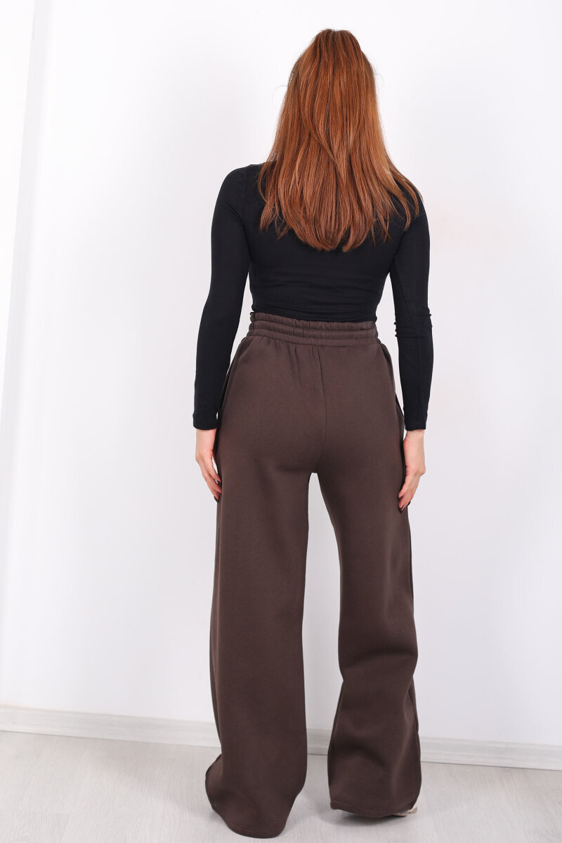 Beli Lastikli Geniş Paça Üç İplik Acı Kahve Kadın Eşofman Altı - 5