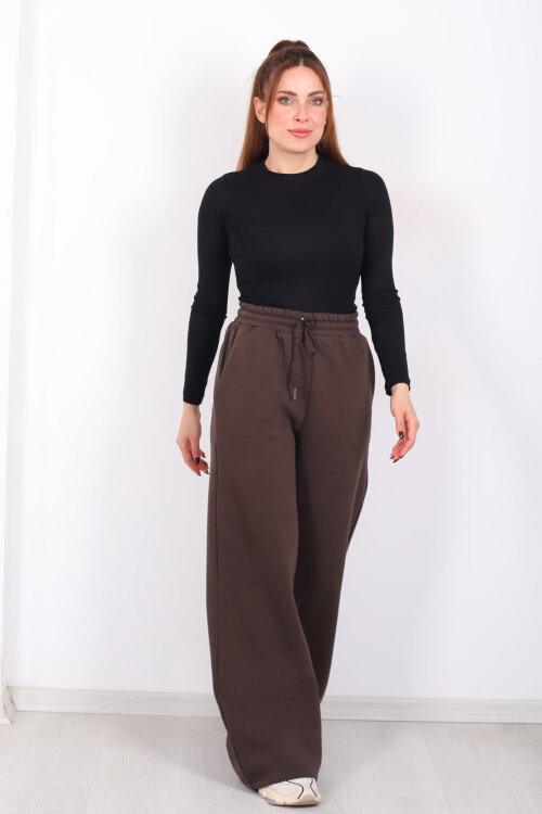 Beli Lastikli Geniş Paça Üç İplik Acı Kahve Kadın Eşofman Altı 