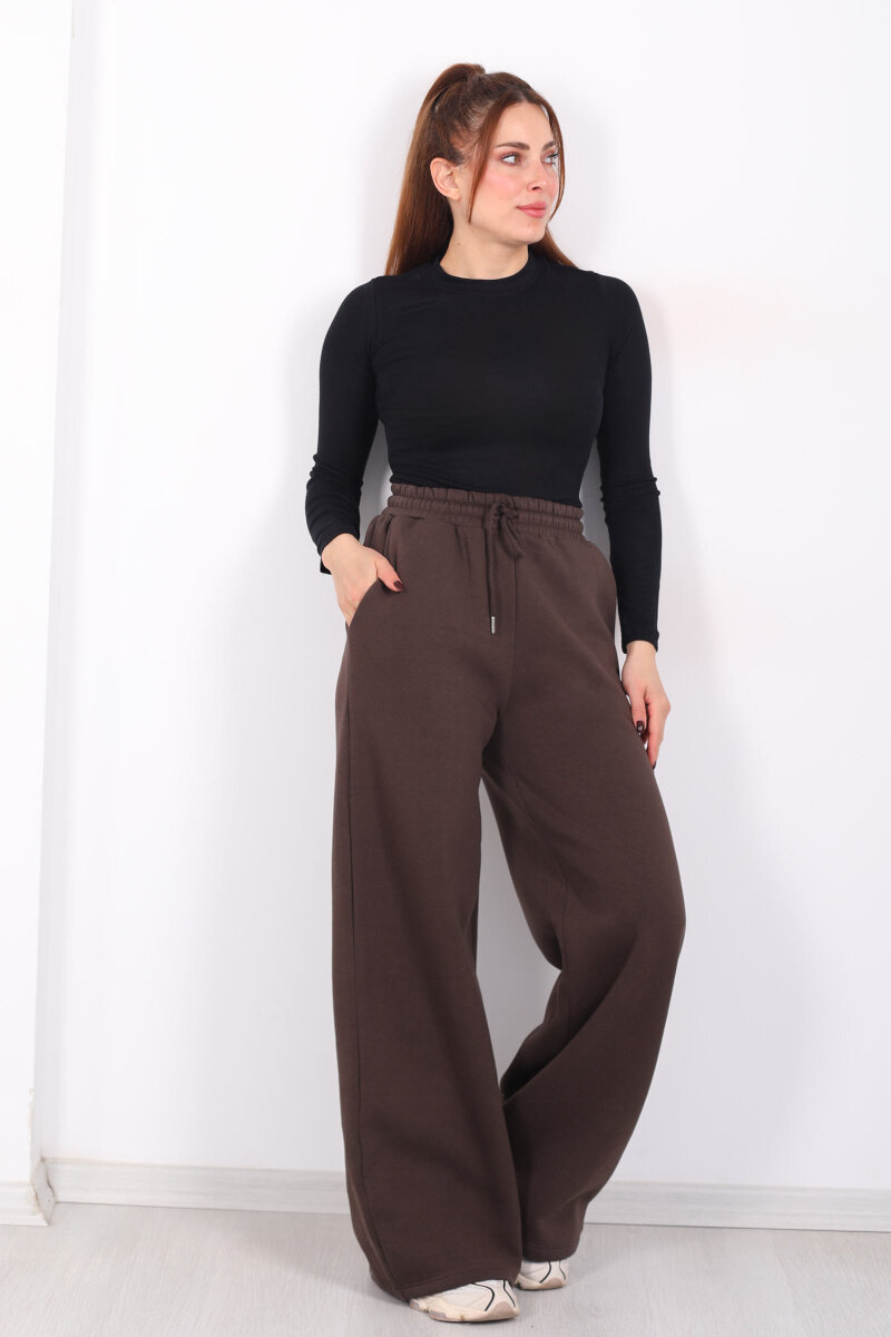 Beli Lastikli Geniş Paça Üç İplik Acı Kahve Kadın Eşofman Altı - 3