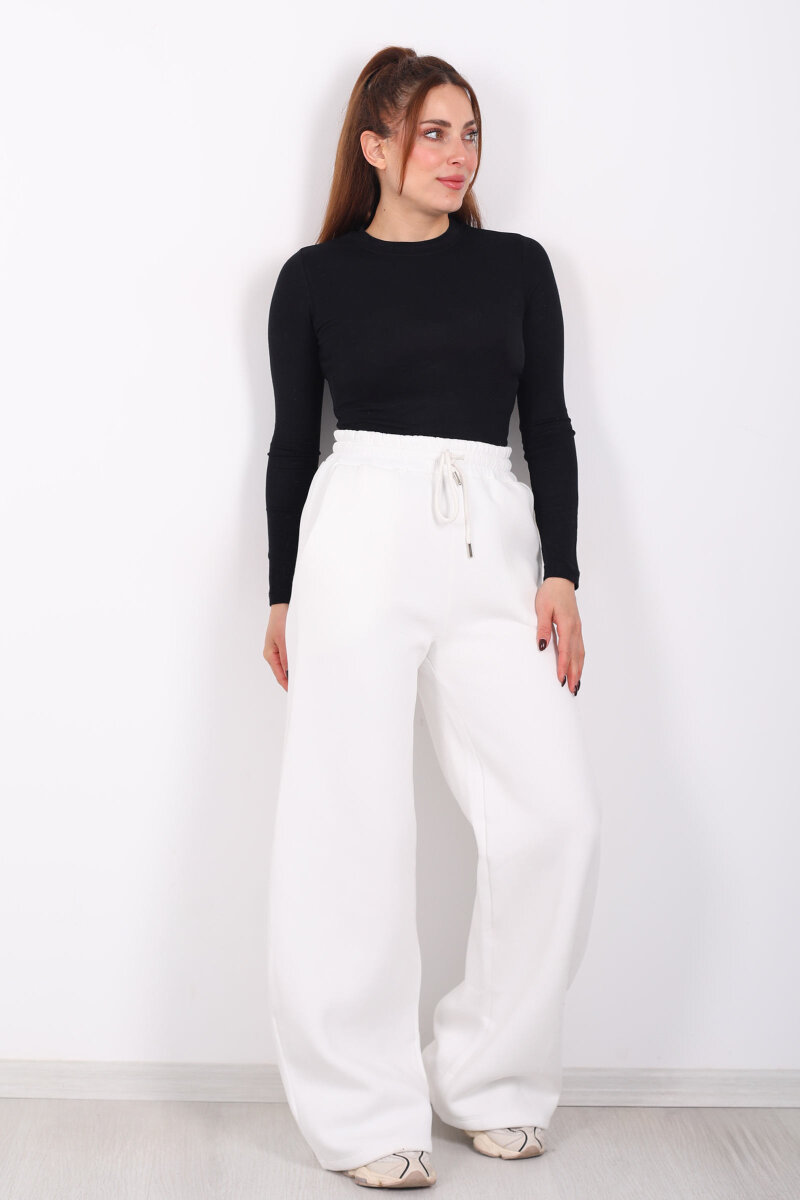 Beli Lastikli Geniş Paça Üç İplik Ekru Kadın Eşofman Altı - 3