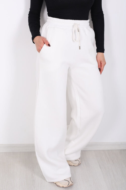 Beli Lastikli Geniş Paça Üç İplik Ekru Kadın Eşofman Altı - 2