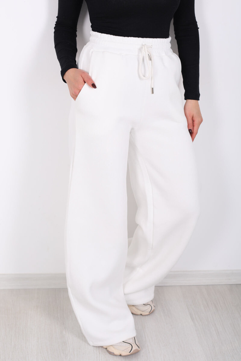 Beli Lastikli Geniş Paça Üç İplik Ekru Kadın Eşofman Altı - 2