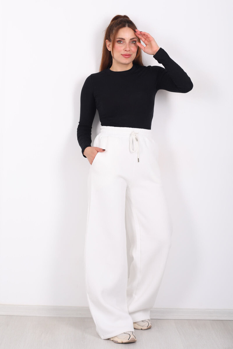 Beli Lastikli Geniş Paça Üç İplik Ekru Kadın Eşofman Altı - 1