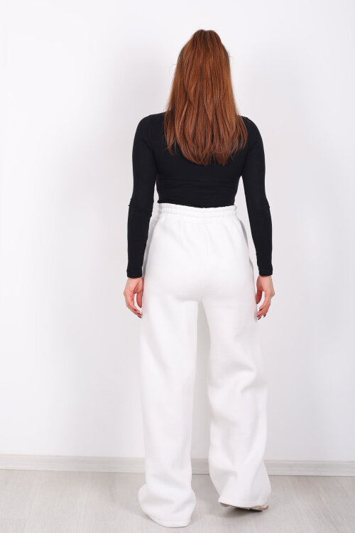 Beli Lastikli Geniş Paça Üç İplik Ekru Kadın Eşofman Altı - 4