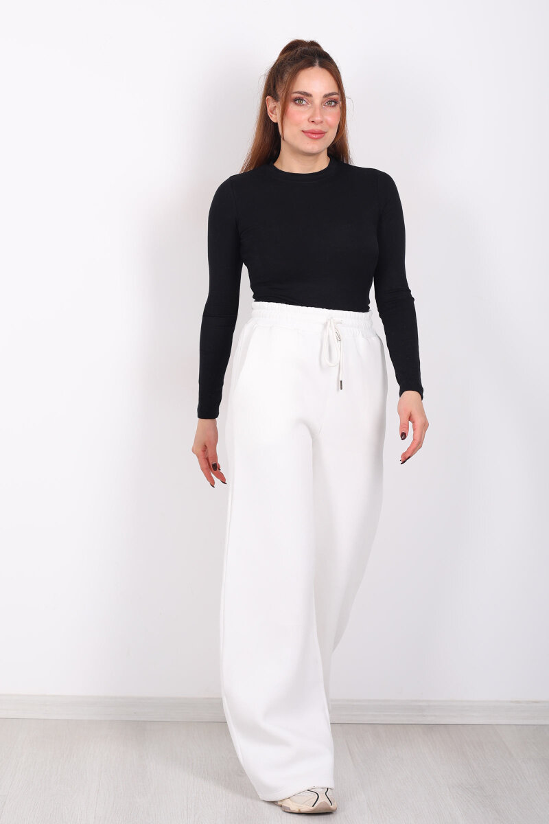 Beli Lastikli Geniş Paça Üç İplik Ekru Kadın Eşofman Altı - 5