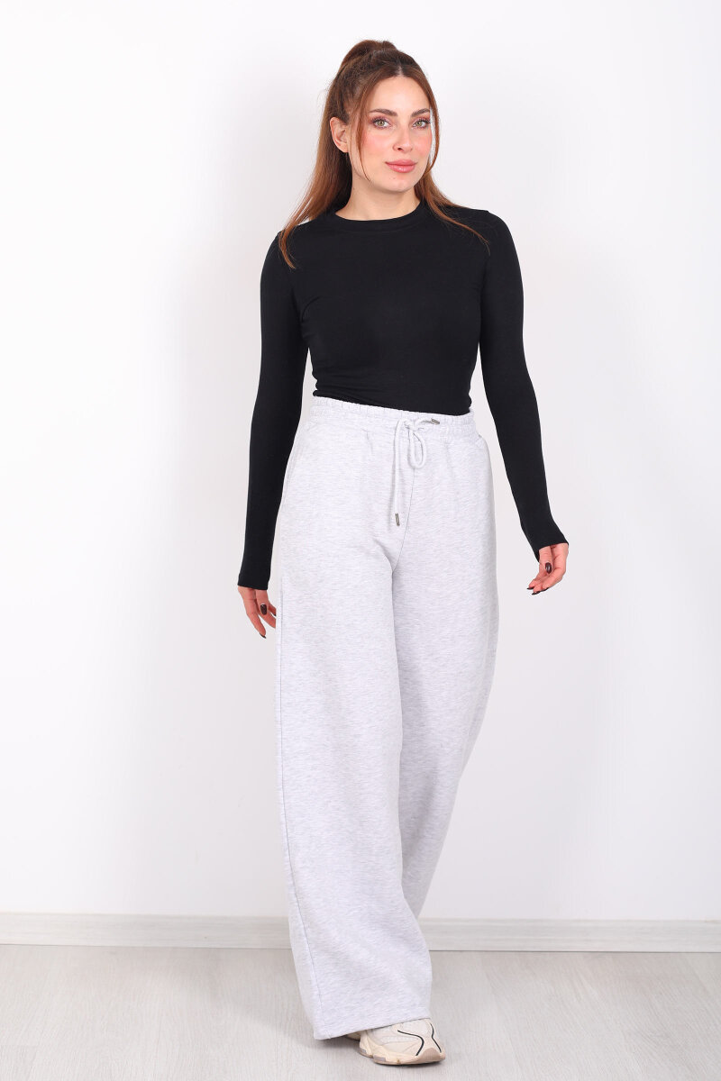 Beli Lastikli Geniş Paça Üç İplik Gri Kadın Eşofman Altı - 5