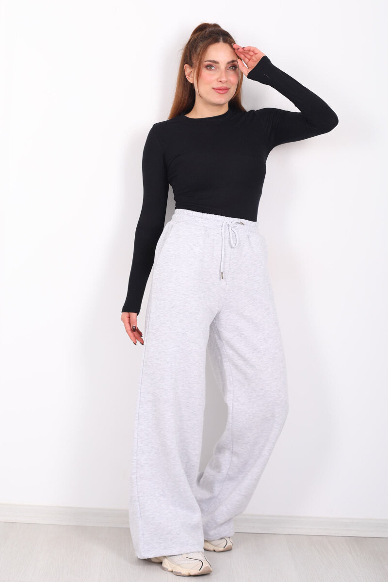 Beli Lastikli Geniş Paça Üç İplik Gri Kadın Eşofman Altı - 1