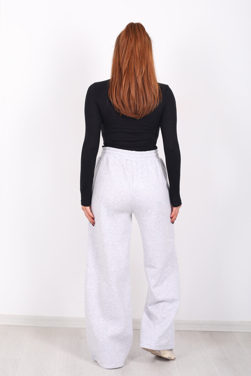 Beli Lastikli Geniş Paça Üç İplik Gri Kadın Eşofman Altı - 4