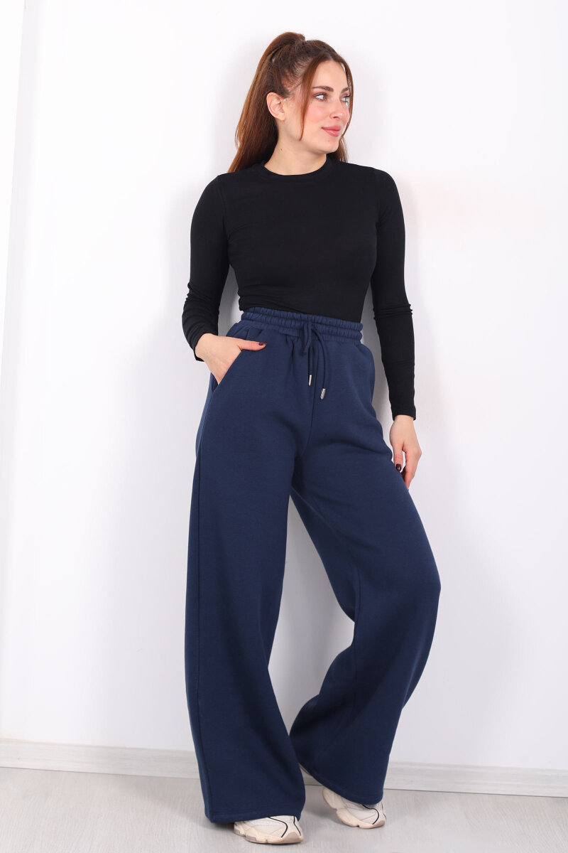 Beli Lastikli Geniş Paça Üç İplik Lacivert Kadın Eşofman Altı - 1