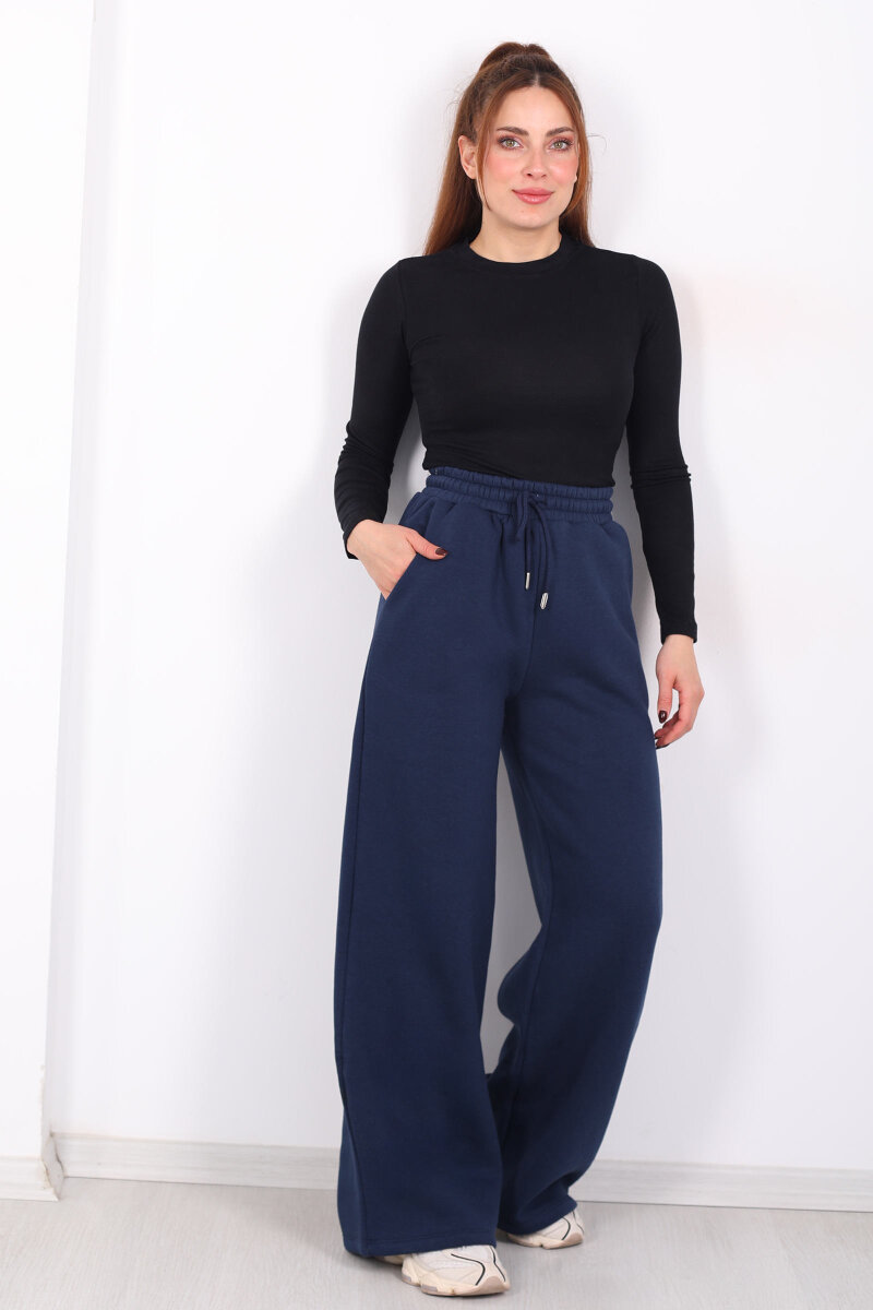 Beli Lastikli Geniş Paça Üç İplik Lacivert Kadın Eşofman Altı - 5