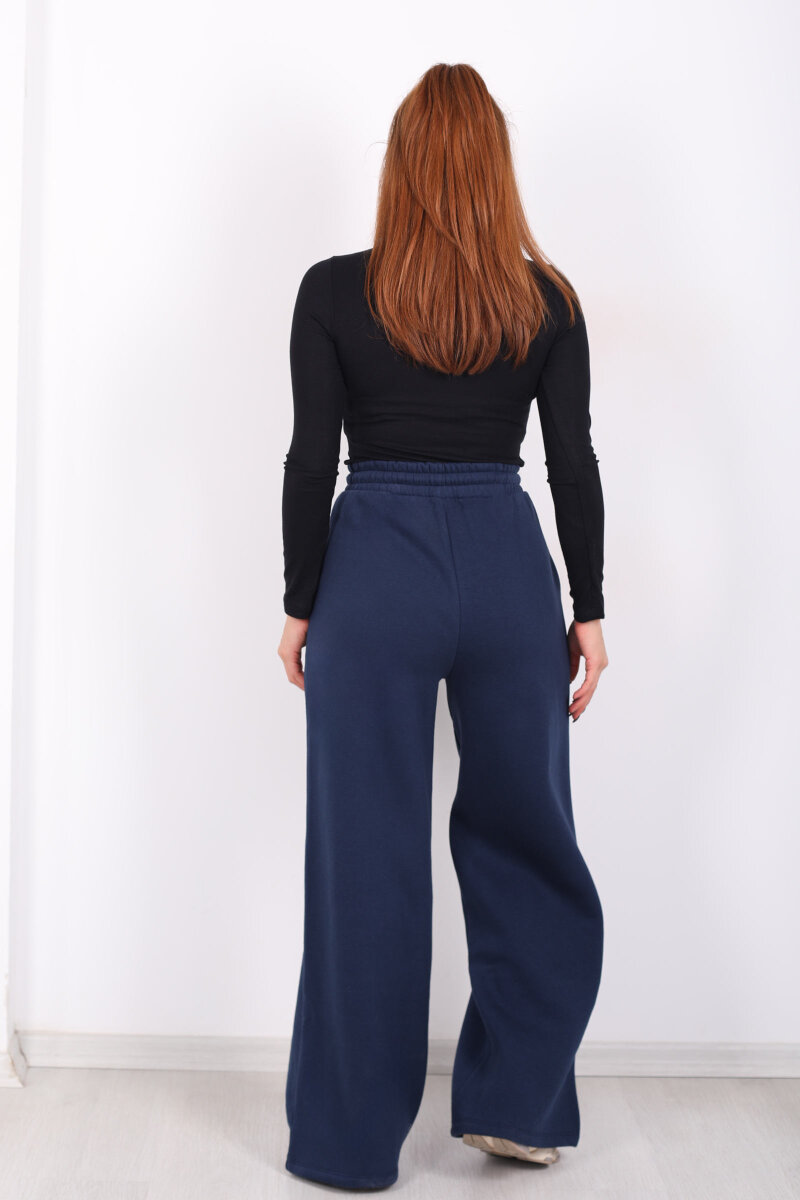 Beli Lastikli Geniş Paça Üç İplik Lacivert Kadın Eşofman Altı - 4