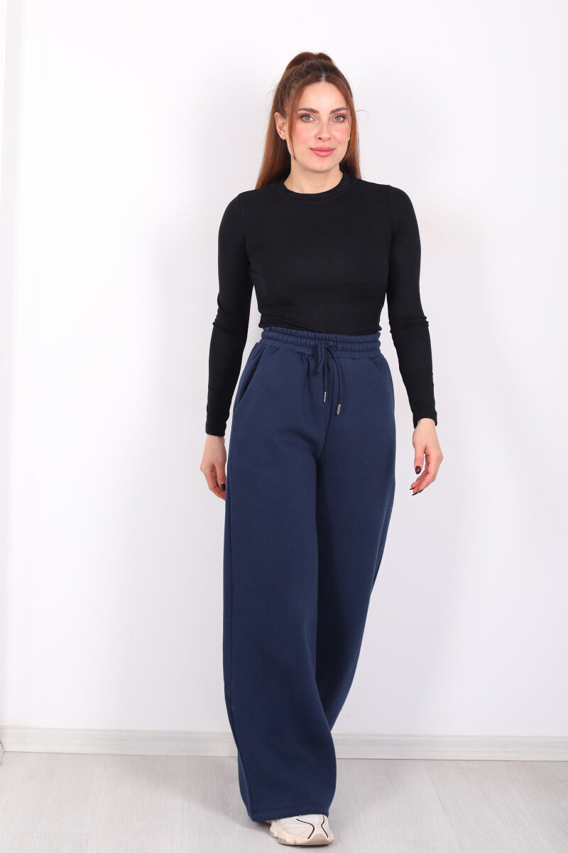 Beli Lastikli Geniş Paça Üç İplik Lacivert Kadın Eşofman Altı - 3