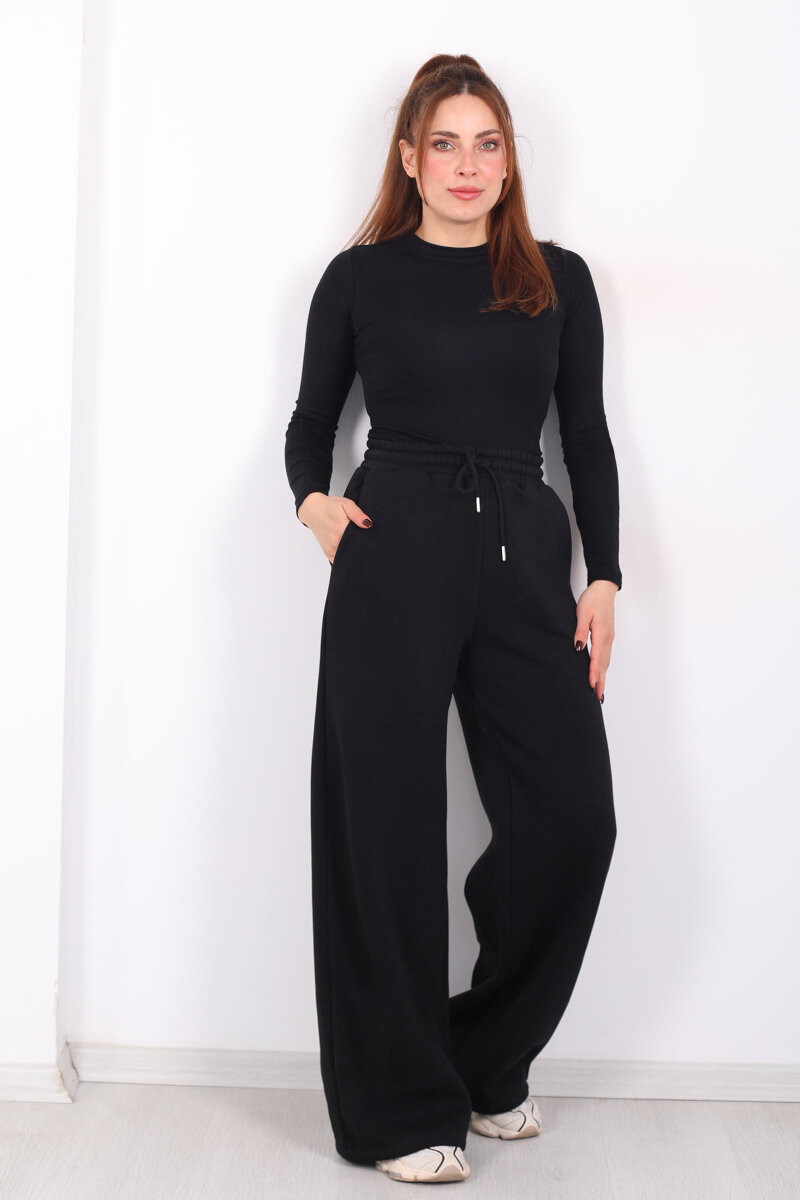 Beli Lastikli Geniş Paça Üç İplik Siyah Kadın Eşofman Altı - 3