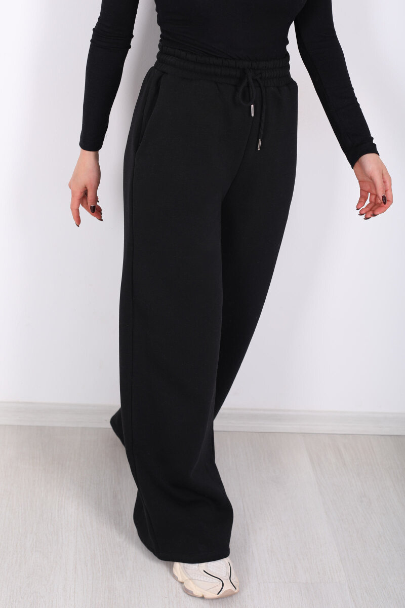 Beli Lastikli Geniş Paça Üç İplik Siyah Kadın Eşofman Altı - 2