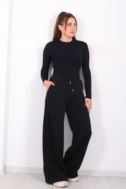 Beli Lastikli Geniş Paça Üç İplik Siyah Kadın Eşofman Altı 