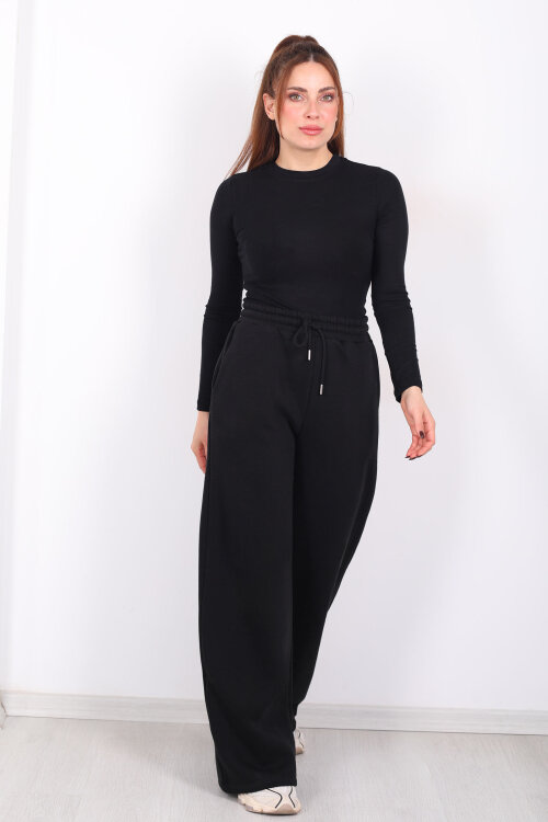 Beli Lastikli Geniş Paça Üç İplik Siyah Kadın Eşofman Altı - 4