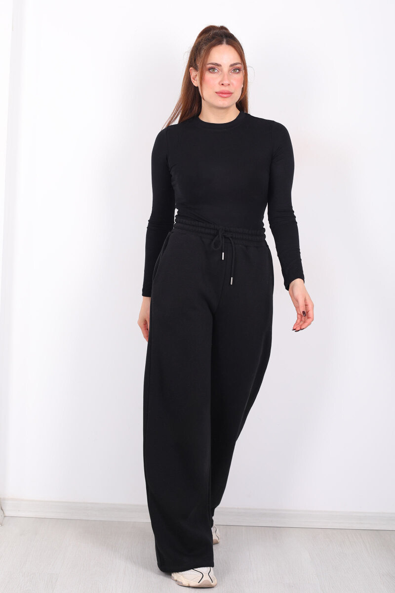 Beli Lastikli Geniş Paça Üç İplik Siyah Kadın Eşofman Altı - 4