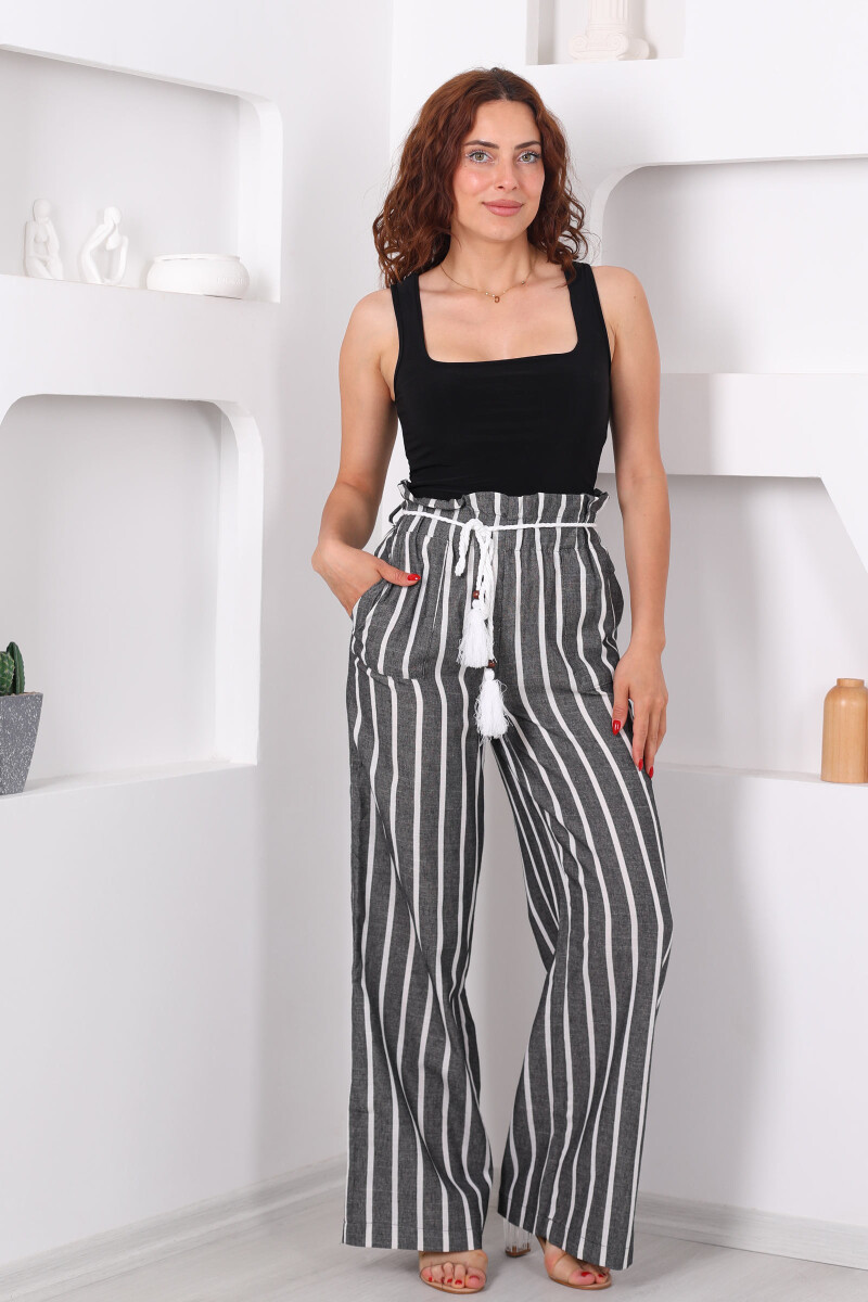 Beli Lastikli İpli Keten Cepli Çizgili Siyah Kadın Salaş Pantolon - 3