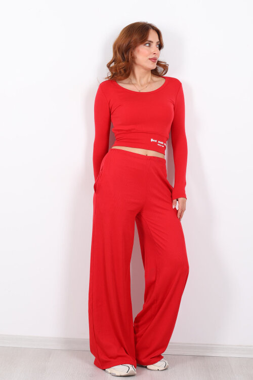 Beli Lastikli Kadife Kırmızı Kadın Bol Paça Pantolon - 4