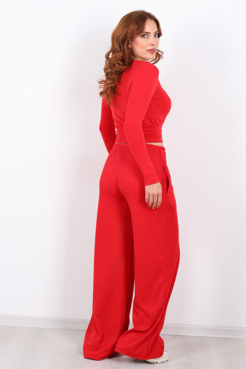 Beli Lastikli Kadife Kırmızı Kadın Bol Paça Pantolon - 5