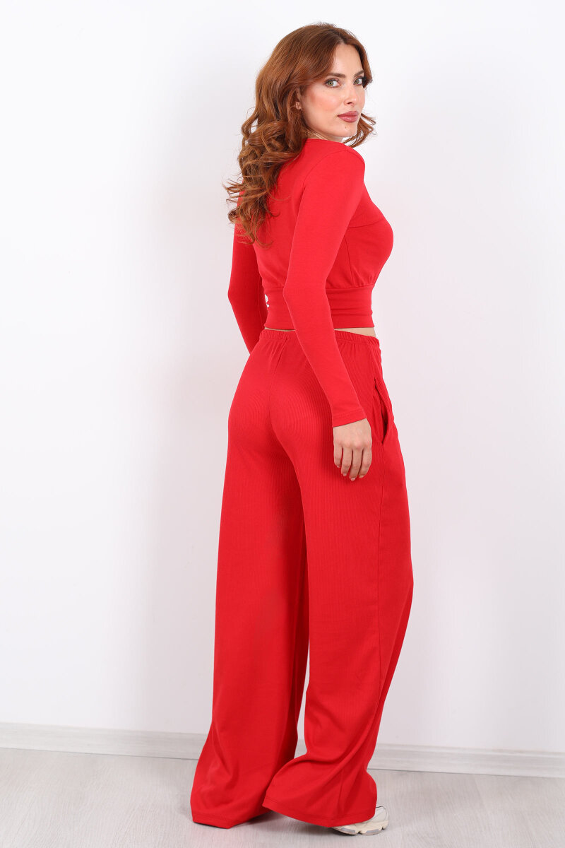 Beli Lastikli Kadife Kırmızı Kadın Bol Paça Pantolon - 5